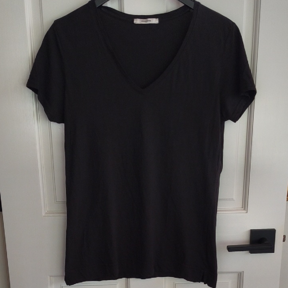 Adam Lippes Black V-Neck Short Sleeve Tee, Size Large